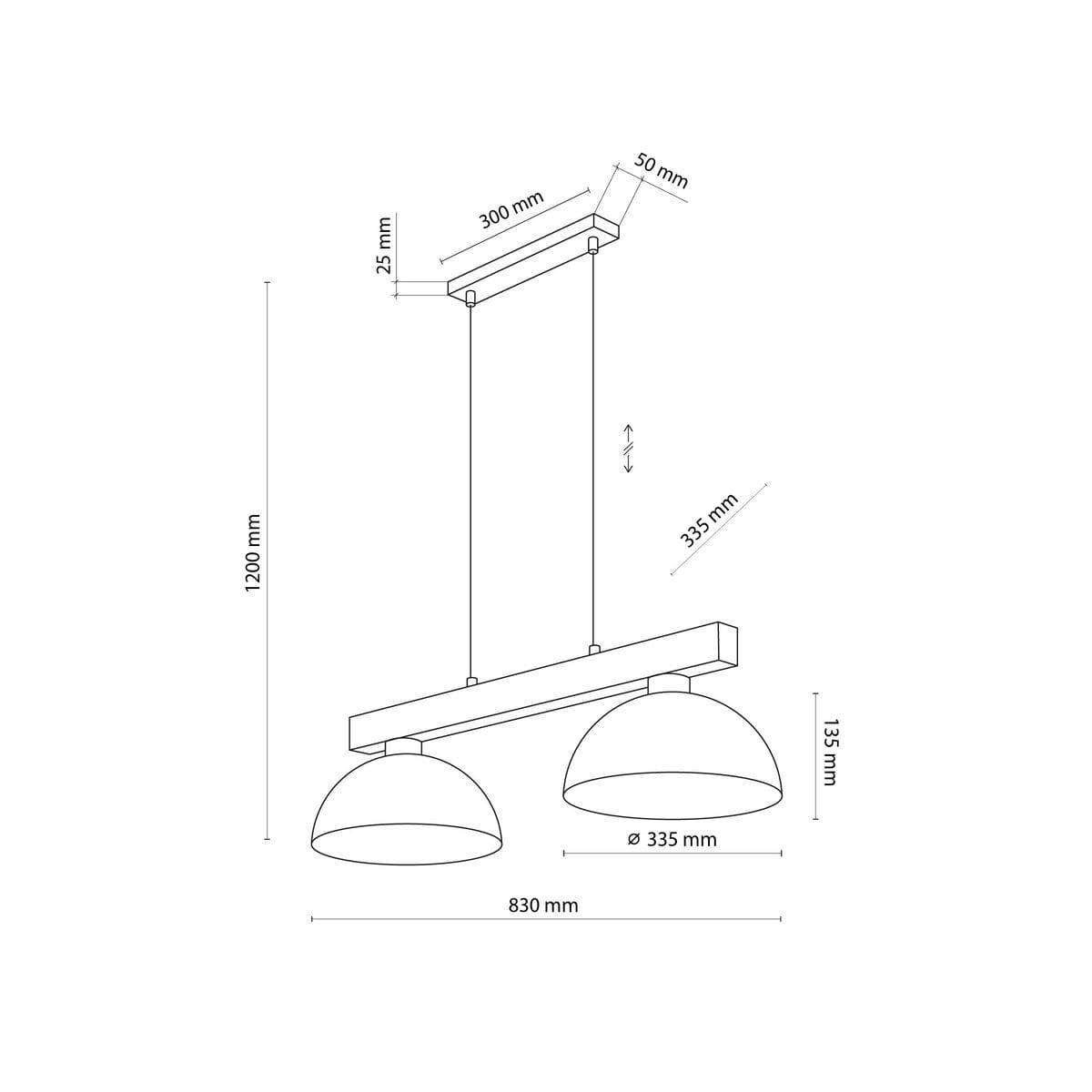 Lampa wisząca Oslo w brązowym kolorze, z dwoma okrągłymi kloszami o średnicy 335 mm. Wymiary: długość 830 mm, wysokość 1200 mm. Zawieszona na prostokątnej podstawie, z regulowanym zawieszeniem.