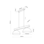 Lampa wisząca Oslo w brązowym kolorze, z dwoma okrągłymi kloszami o średnicy 335 mm. Wymiary: długość 830 mm, wysokość 1200 mm. Zawieszona na prostokątnej podstawie, z regulowanym zawieszeniem.