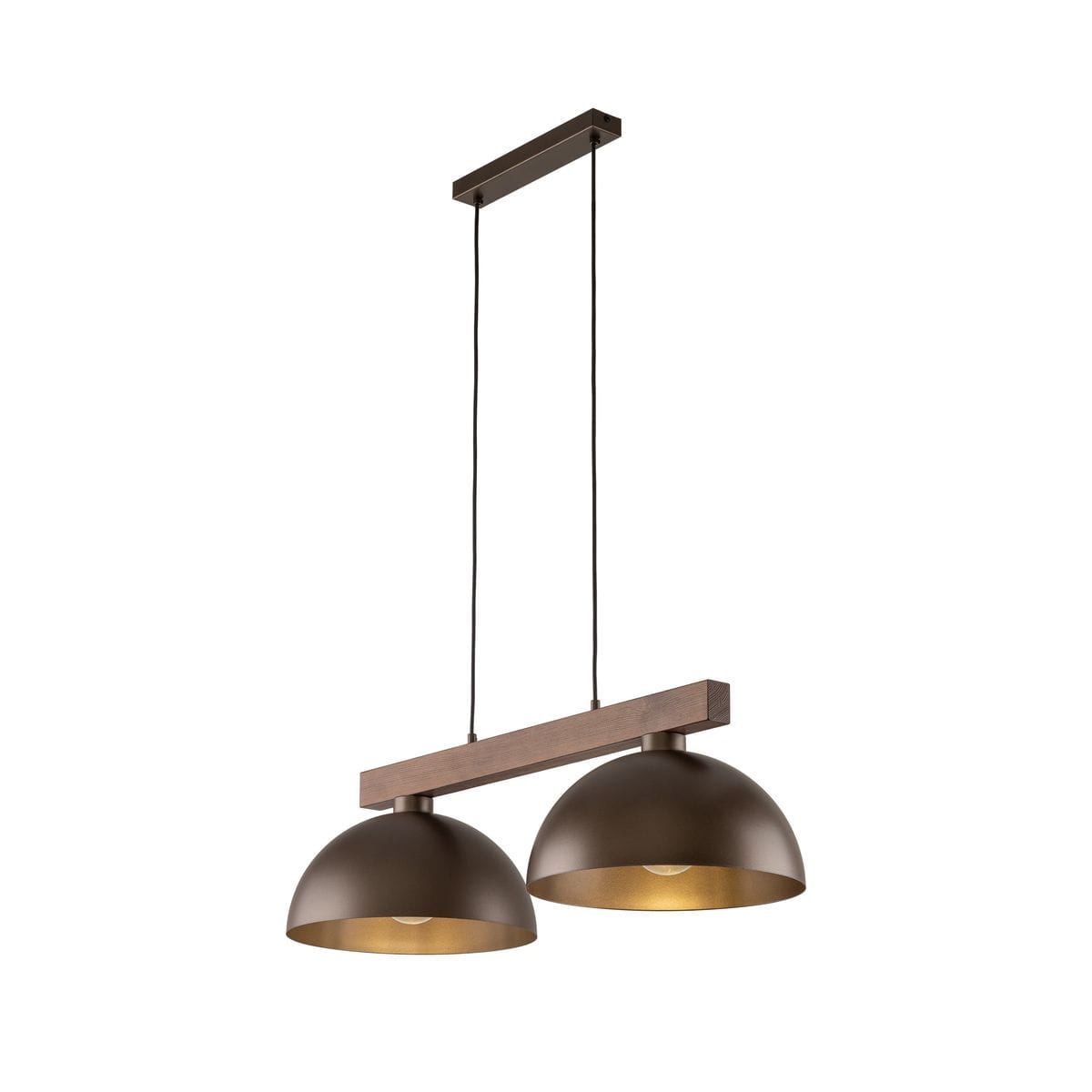 Brązowa lampa wisząca Oslo z dwoma kloszami E27, zawieszona na cienkich linkach. Klosze mają okrągły kształt, a ich wnętrze jest złote. Lampa jest montowana na prostokątnej, drewnianej podstawie.