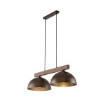 Brązowa lampa wisząca Oslo z dwoma kloszami E27, zawieszona na cienkich linkach. Klosze mają okrągły kształt, a ich wnętrze jest złote. Lampa jest montowana na prostokątnej, drewnianej podstawie.