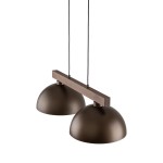 Lampa wisząca Oslo z brązowymi kloszami w kształcie półkuli, zawieszona na drewnianym elemencie. Dwa źródła światła E27, zawieszenie na czarnych kablach. Idealna do nowoczesnych wnętrz.