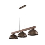 Lampa wisząca Oslo w brązowym kolorze, z trzema kloszami w formie półkul, zawieszona na prostokątnej drewnianej podstawie. Kable w czarnym kolorze. Produkt przeznaczony do montażu sufitowego.