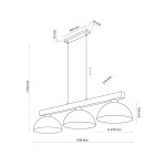 Lampa wisząca Oslo w kolorze brązowym, z trzema kloszami o średnicy 270 mm, zamontowana na prostokątnej podstawie. Wymiary: długość 1180 mm, wysokość 1150 mm, regulacja długości zawieszenia do 270 mm.