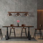Lampa wisząca Oslo 3xE27 w kolorze brązowym, zawieszona na drewnianej belce, z trzema okrągłymi kloszami. W tle stół z ciemnego drewna i wysokie krzesła, a na stole wazon z różowymi kwiatami, w minimalistycznym wnętrzu.