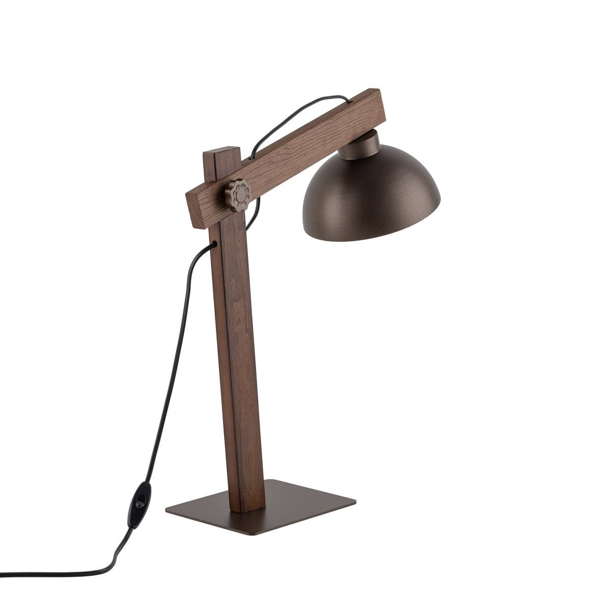 Brązowa lampa biurkowa Oslo z metalowym kloszem i drewnianą podstawą, stojąca na kwadratowej podstawie. Widoczny regulowany ramie i przewód z włącznikiem. Klosz ma okrągły kształt, a materiał ma matowe wykończenie.
