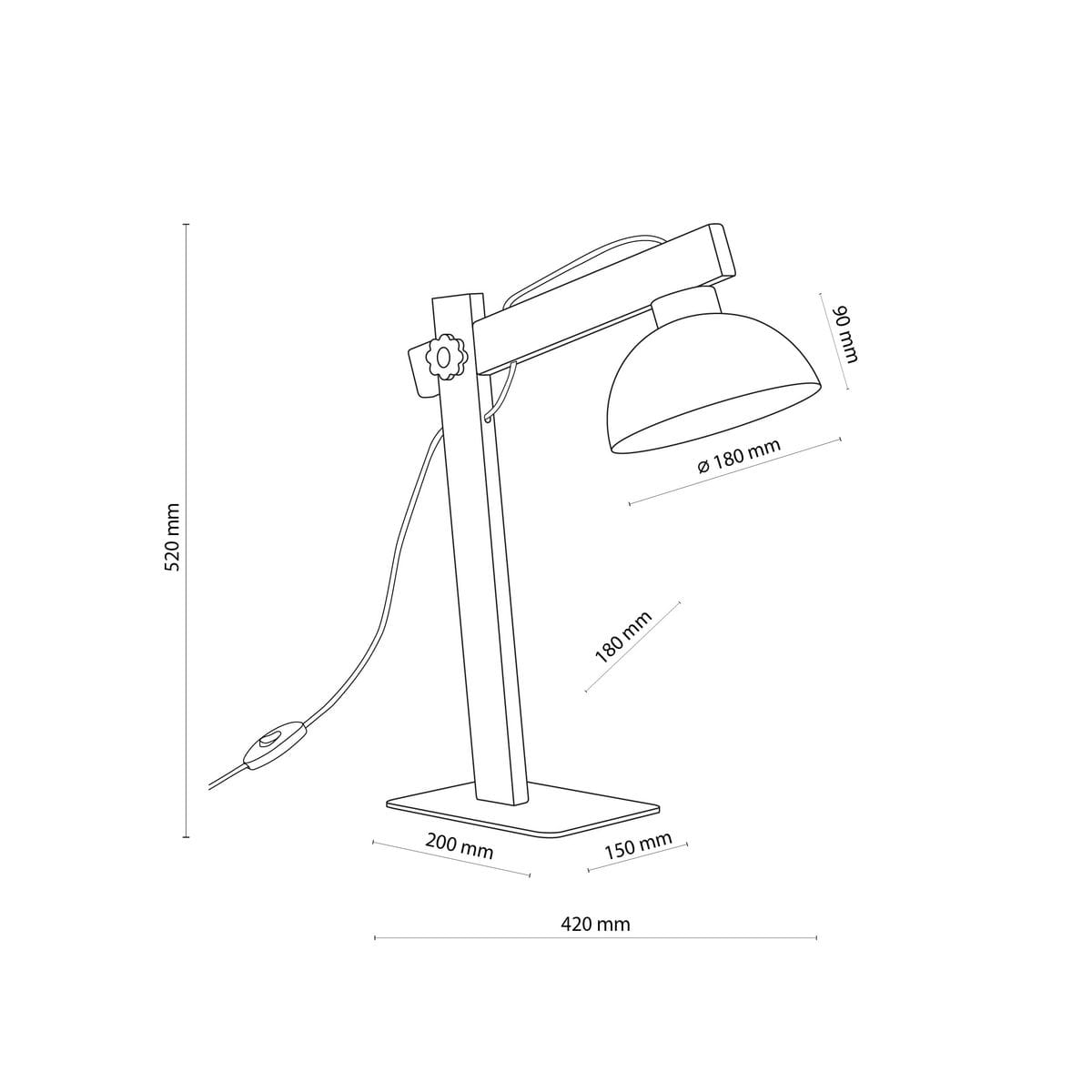 Brązowa lampa biurkowa Oslo z jedną oprawą E27. Konstrukcja z metalowym kloszem o średnicy 180 mm, regulowanym ramieniu oraz prostokątną podstawą o wymiarach 200x150 mm. Wysokość lampy wynosi 520 mm. Ujęcie z boku, ukazujące detale i wymiary.
