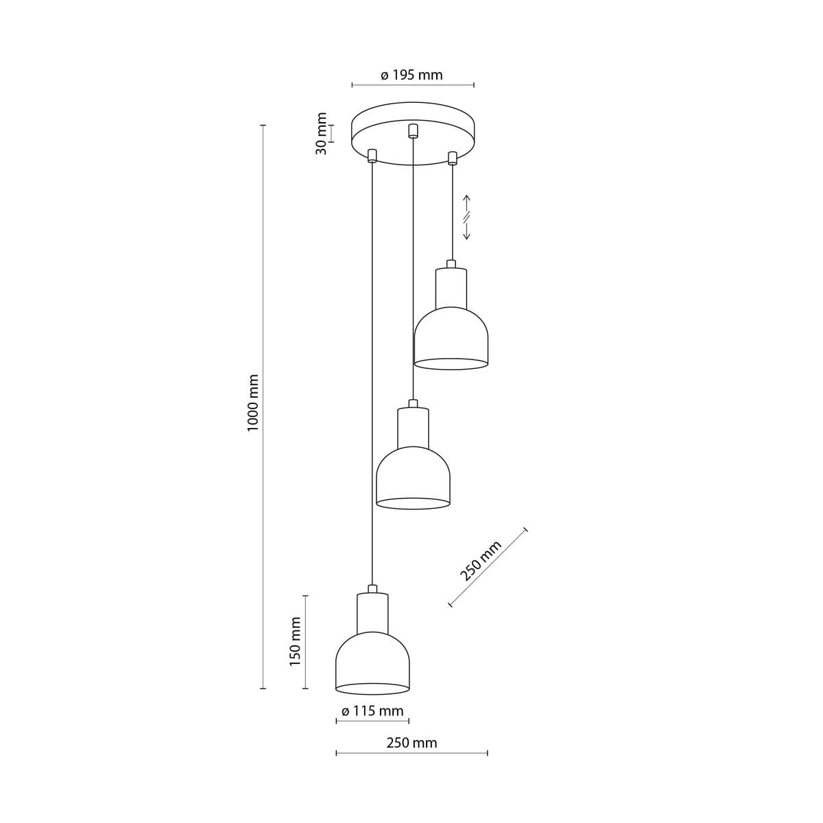 Cairo lampa wisząca z trzema kloszami E27 w kolorze czarnym, zawieszona na długich linkach. Klosze w kształcie cylindrycznym, o średnicy 115 mm, zawieszone na różnej wysokości. Metalowa konstrukcja, elegancki design, idealna do nowoczesnych wnętrz.