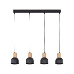 Lampa wisząca Cairo z czterema kloszami w kolorze czarnym, zawieszona na prostokątnej, czarnej podstawie. Klosze mają drewniane elementy u podstawy. Długość przewodów jest regulowana. Produkt idealny do nowoczesnych wnętrz.