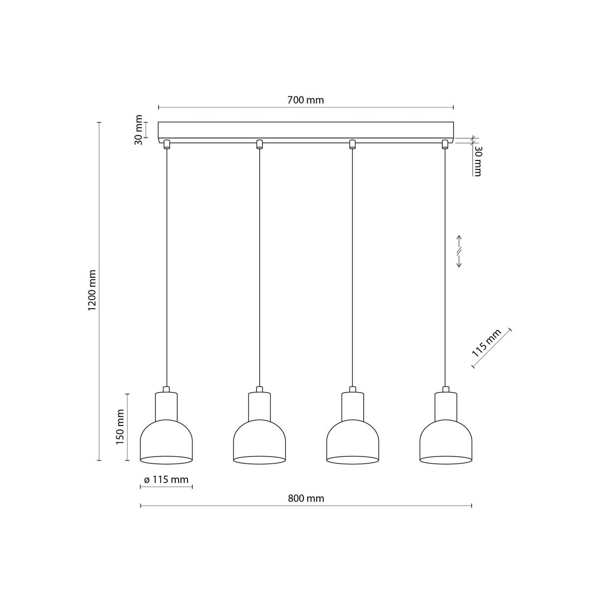 Cairo lampa wisząca z czarnym wykończeniem, cztery klosze o średnicy 115 mm, zawieszone na prostokątnej podstawie. Wysokość całkowita 1200 mm, szerokość 700 mm. Klosze zawieszone na regulowanych linkach, minimalistyczny design.