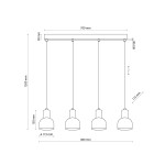 Cairo lampa wisząca z czarnym wykończeniem, cztery klosze o średnicy 115 mm, zawieszone na prostokątnej podstawie. Wysokość całkowita 1200 mm, szerokość 700 mm. Klosze zawieszone na regulowanych linkach, minimalistyczny design.