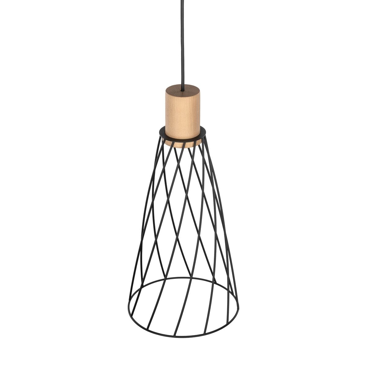 Lampa wisząca Modesto D19 w czarnej metalowej obudowie z jasnym drewnianym uchwytem, o stożkowym kształcie z siatkowymi detalami. Zawieszona na czarnym kablu, przeznaczona do żarówki GU10.