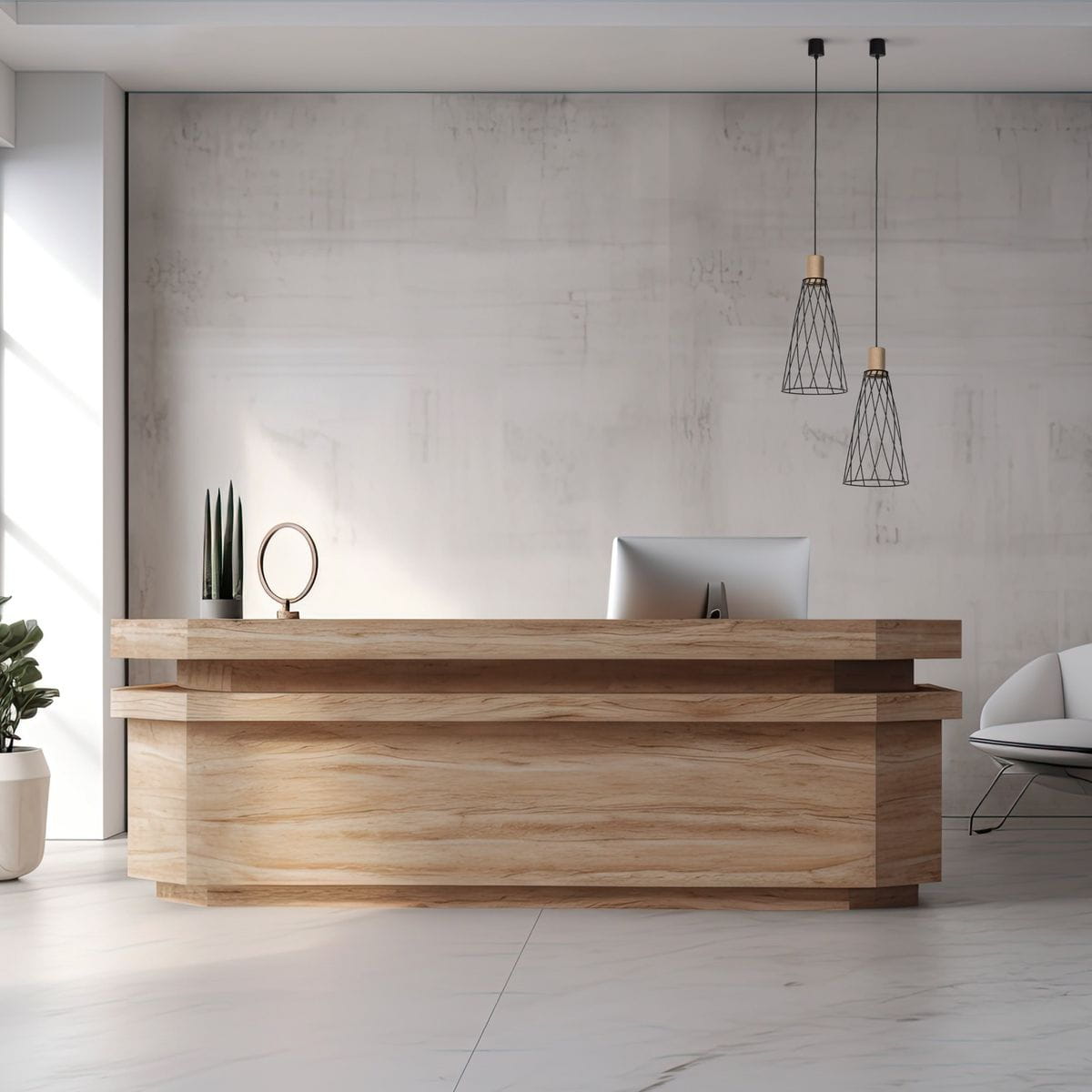 Lampa wisząca Modesto D19 z czarnym kloszem i jasnym drewnem, zawieszona na dwóch kablach, w aranżacji biurowej z drewnianym biurkiem, roślinnością i komputerem w tle.