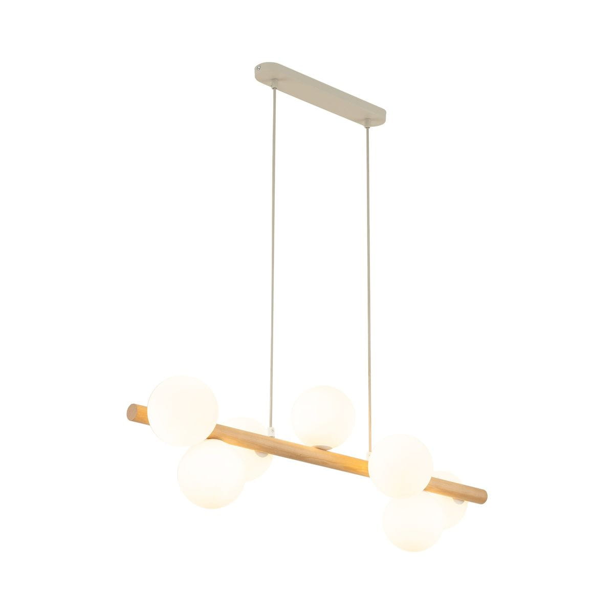 Lampa wisząca Estera w kolorze beżowym z jasnym drewnem. Składa się z poziomego uchwytu z drewna, na którym zamocowane są sześć okrągłych, białych kloszy. Wisi na cienkich linkach, z zamontowanym stropem w kolorze białym.
