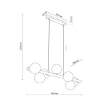 Lampa wisząca Estera w kolorze brązowym, wykonana z ciemnego drewna, posiada 7 opraw G9. Ma prostą, nowoczesną konstrukcję z okrągłymi kloszami. Wymiary: wysokość 1250 mm, szerokość 900 mm, głębokość 280 mm.