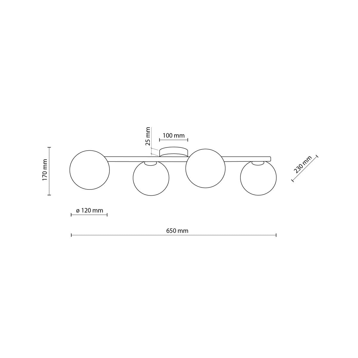 Lampa sufitowa Estera 4xG9 w kolorze beżowym z jasnym drewnem. Zaprojektowana w formie prostokąta z czterema okrągłymi kloszami o średnicy 120 mm, umieszczonymi na prostym stelażu. Wymiary: 650 mm szerokości, 170 mm wysokości.