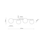 Lampa sufitowa Estera 4xG9 w brązowym kolorze z ciemnego drewna, z czterema okrągłymi kloszami o średnicy 120 mm. Ujęcie z boku, pokazujące wymiary: długość 650 mm, wysokość 170 mm, głębokość 230 mm. Prosta, nowoczesna konstrukcja.