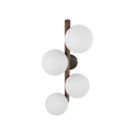 Lampa sufitowa Estera w kolorze brązowym z ciemnego drewna, wyposażona w cztery białe, okrągłe klosze. Produkt widoczny z góry, zamontowany na ścianie, z eleganckim, minimalistycznym designem.