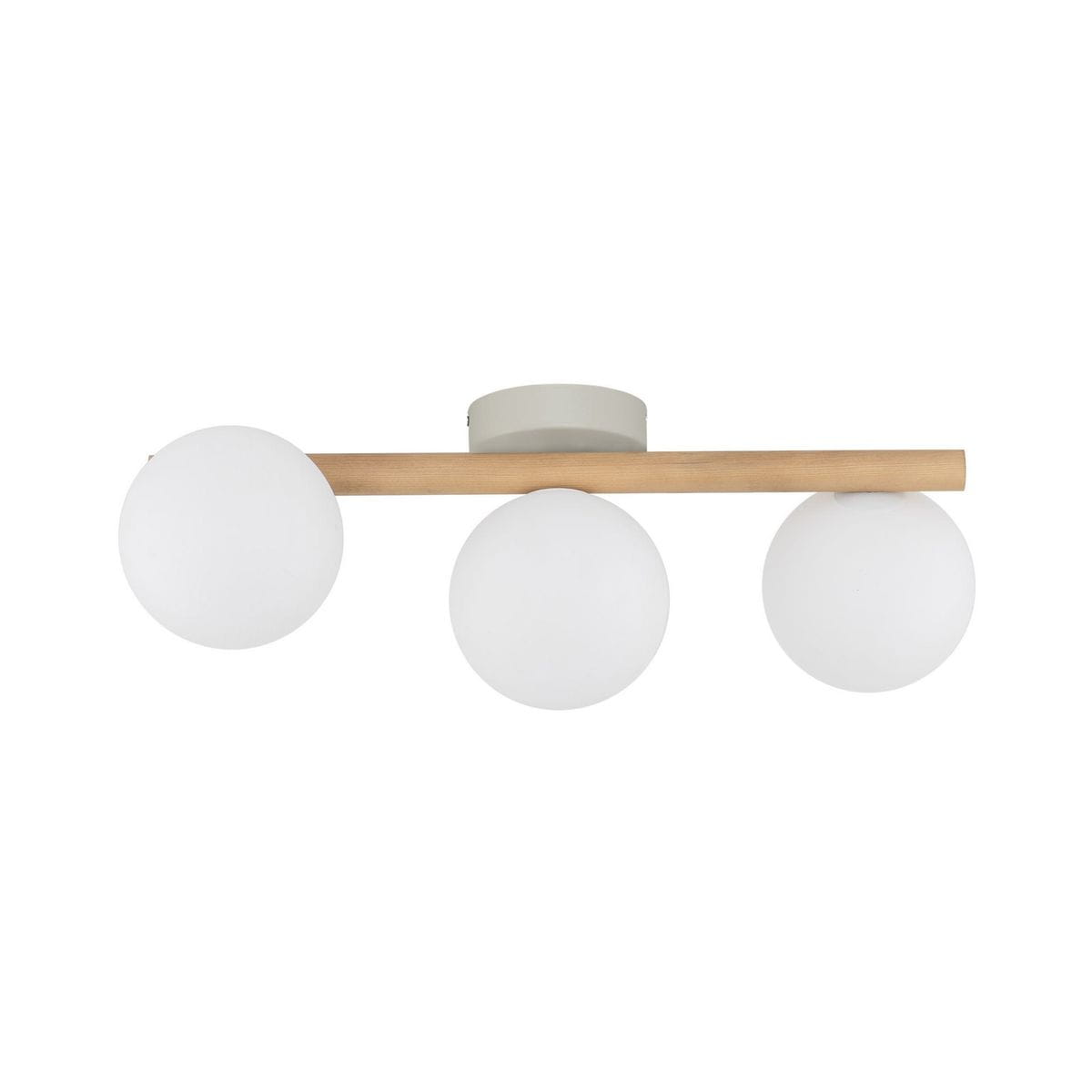 Lampa sufitowa Estera w kolorze beżowym z trzema okrągłymi kloszami z białego szkła, zawieszona na drewnianym pałąku. Montaż sufitowy, minimalistyczny design, idealna do nowoczesnych wnętrz.
