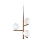 Lampa wisząca Estera w brązowym kolorze z ciemnego drewna, z trzema białymi kulami w oprawie. Ułożona w formie gałęzi, wisi na cienkim przewodzie. Kuliste klosze rozmieszczone asymetrycznie, nadające nowoczesny wygląd.