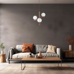 Lampa wisząca Estera w brązowym kolorze z ciemnego drewna, z trzema białymi kulistymi kloszami. Produkt zawieszony w centralnej części pomieszczenia, nad drewnianym stolikiem, w nowoczesnym, minimalistycznym wnętrzu.
