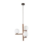 Lampa wisząca Estera w brązowym kolorze z ciemnego drewna, z trzema okrągłymi kloszami z białego szkła. Produkt zawieszony na cienkim przewodzie, z okrągłym mocowaniem sufitowym. Kształt minimalistyczny, nowoczesny design.
