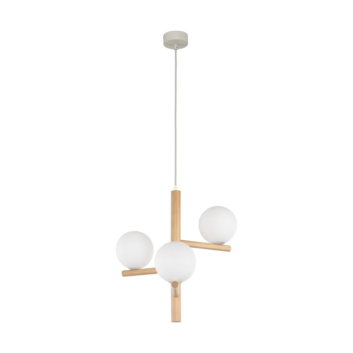 Estera lampa wisząca 3xG9 w beżowym kolorze z jasnego drewna, z trzema kulistymi kloszami z mlecznego szkła. Lampa zawieszona na cienkim kabelku, z prostym, minimalistycznym designem, idealna do nowoczesnych wnętrz.
