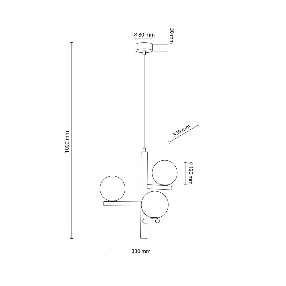 Lampa wisząca Estera 3xG9 w kolorze beżowym z jasnym drewnem. Ułożona w pionie, z trzema okrągłymi kloszami o średnicy 120 mm, zawieszona na cienkim przewodzie. Wymiary: wysokość 1000 mm, szerokość 330 mm, średnica podstawy 80 mm.