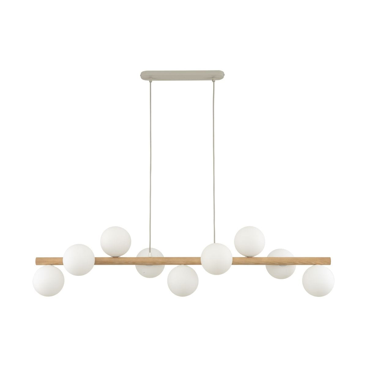Lampa wisząca Estera z dziewięcioma kulistymi kloszami w kolorze białym, zawieszona na drewnianym, beżowym ramieniu. Prosty, nowoczesny design, wisząca konstrukcja z metalowym stelażem, idealna do przestrzeni wewnętrznych.