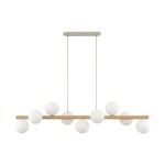 Lampa wisząca Estera z dziewięcioma kulistymi kloszami w kolorze białym, zawieszona na drewnianym, beżowym ramieniu. Prosty, nowoczesny design, wisząca konstrukcja z metalowym stelażem, idealna do przestrzeni wewnętrznych.