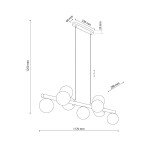 Lampa wisząca Estera w kolorze beżowym z jasnym drewnem, z dziewięcioma okrągłymi kloszami. Ujęcie frontalne pokazuje wymiary: długość 1170 mm, wysokość 1250 mm. Prosta konstrukcja z elementami drewnianymi, zawieszona na długim przewodzie.
