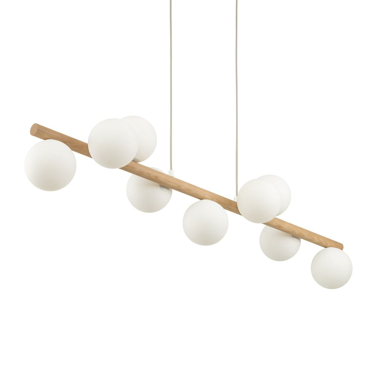 Lampa wisząca Estera, beżowa, z jasnego drewna, z dziewięcioma okrągłymi kloszami z matowego szkła. Ujęcie frontalne, lampa zawieszona na cienkich przewodach, w prostym, nowoczesnym stylu, idealna do aranżacji wnętrz.