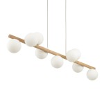 Lampa wisząca Estera, beżowa, z jasnego drewna, z dziewięcioma okrągłymi kloszami z matowego szkła. Ujęcie frontalne, lampa zawieszona na cienkich przewodach, w prostym, nowoczesnym stylu, idealna do aranżacji wnętrz.