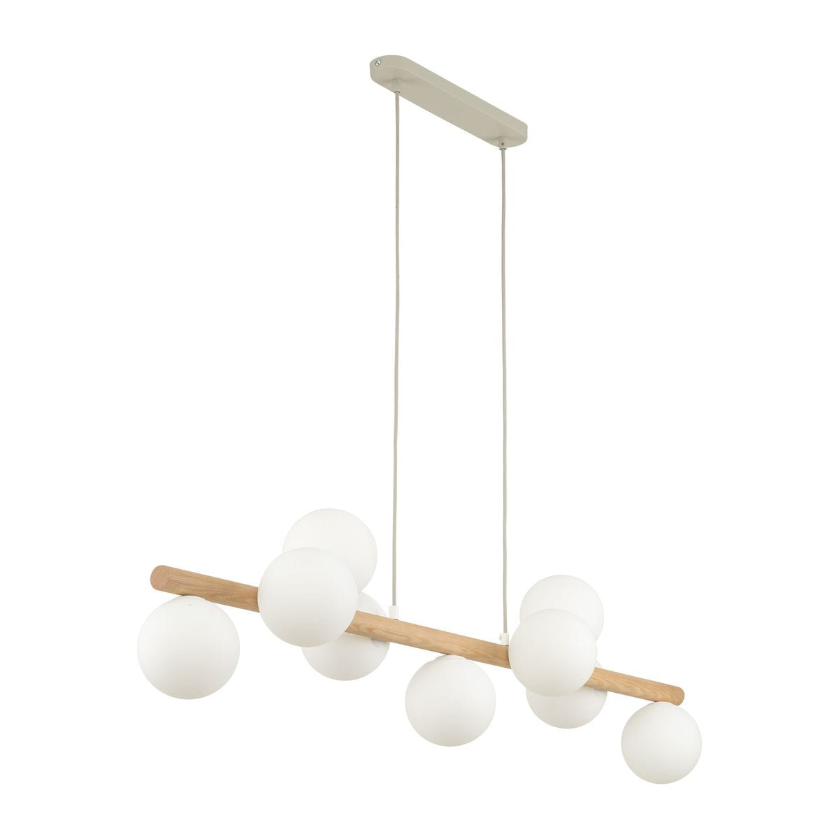 Lampa wisząca Estera w kolorze beżowym z jasnego drewna, zawieszona na długich linkach. Posiada dziewięć okrągłych, matowych kloszy w białym kolorze, umieszczonych na poziomej drewnianej belce. Proste, nowoczesne wzornictwo.