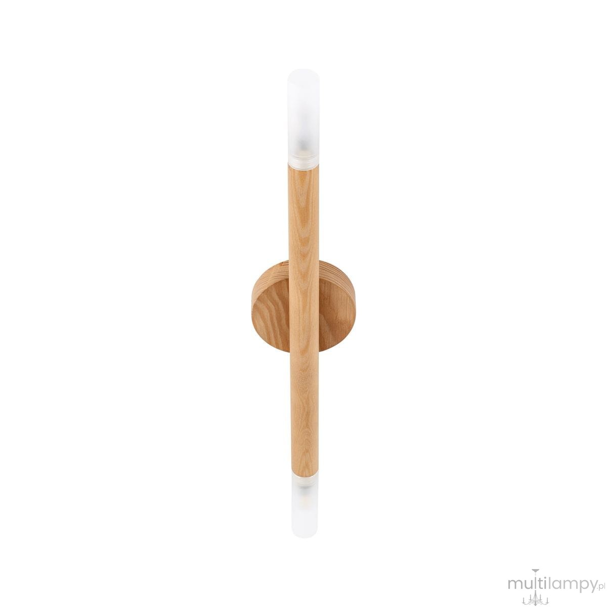 Lampa sufitowa Noble 2xG9 w jasnym drewnie, z okrągłą podstawą i dwiema szklanymi kloszami. Ujęcie z góry, ukazujące prostą, minimalistyczną formę oraz naturalną fakturę drewna.