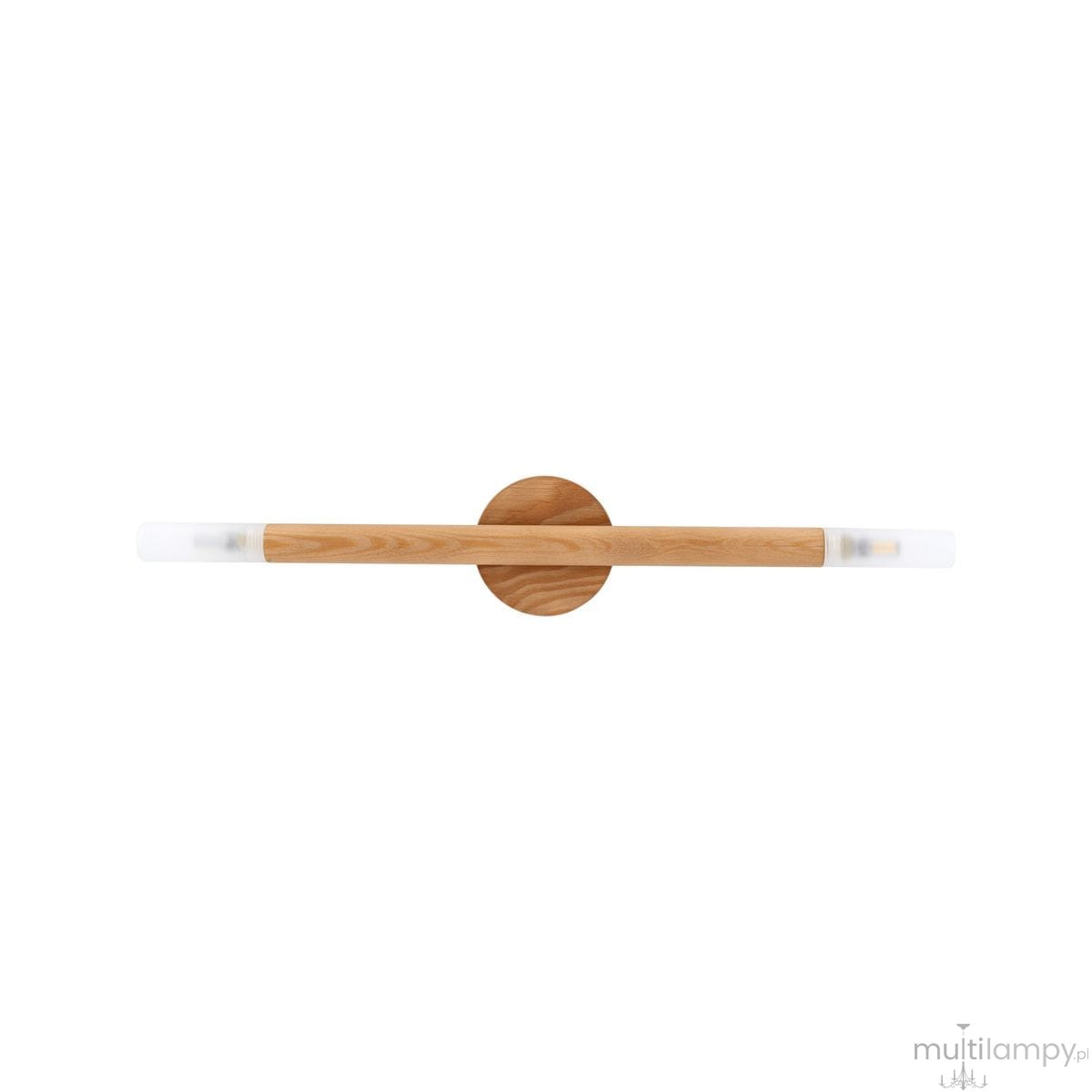 Lampa sufitowa Noble 2xG9 z jasnego drewna, z okrągłą podstawą. Dwa prostokątne klosze z mlecznego szkła, umieszczone na drewnianej belce. Ujęcie frontalne, na białym tle. Idealna do nowoczesnych wnętrz.