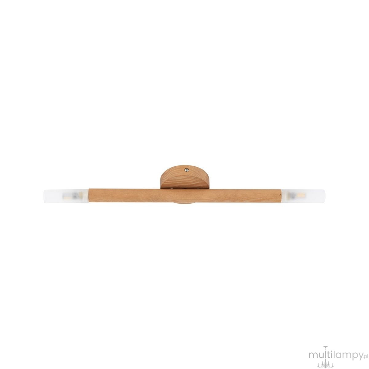 Lampa sufitowa Noble 2xG9 w jasnym drewnie, montowana na ścianie, z dwiema przezroczystymi kloszami na końcach drewnianego ramienia. Prosty, minimalistyczny design w odcieniu jasnego drewna, idealna do nowoczesnych wnętrz.