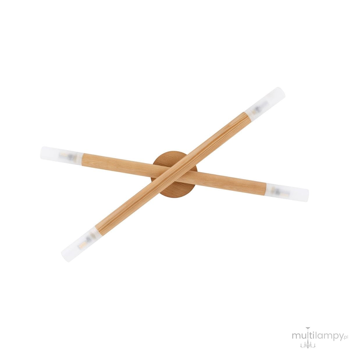 Lampa sufitowa Noble 4xG9 w jasnym drewnie, z dwiema krzyżującymi się rurkami oraz okrągłą podstawą. Rurki zakończone mlecznymi kloszami, montowana na suficie, w minimalistycznym stylu. Tło białe, co podkreśla naturalny kolor drewna.