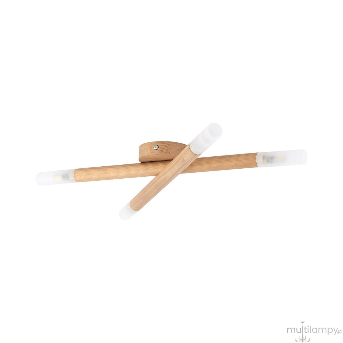 Lampa sufitowa Noble 4xG9 w jasnym drewnie, z dwiema ukośnymi rurkami, zakończonymi matowymi kloszami. Montaż na suficie, minimalistyczny design, naturalny kolor drewna, idealna do nowoczesnych wnętrz.