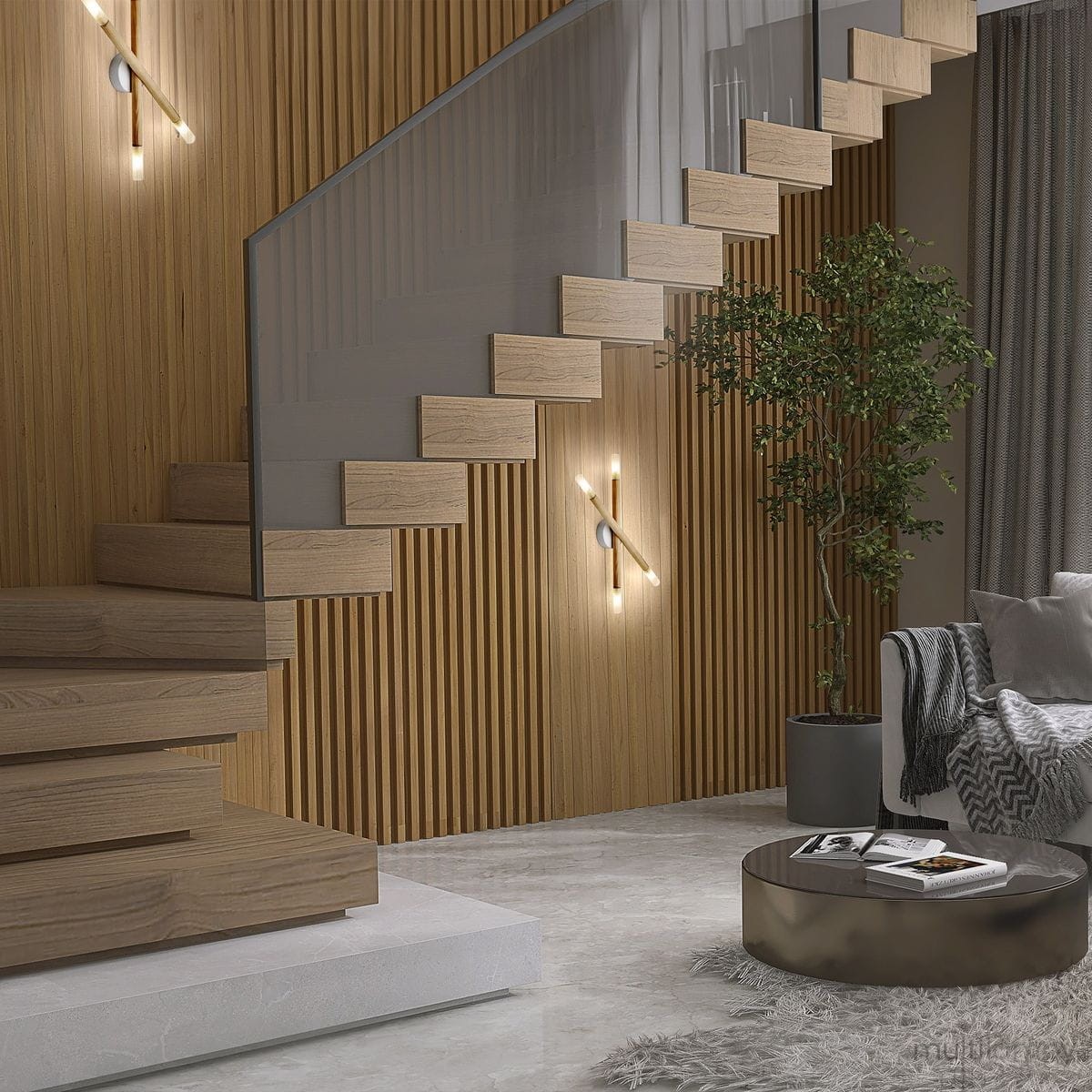 Lampa sufitowa Noble 4xG9 w jasnym drewnie, zamontowana na ścianie w nowoczesnym wnętrzu. Widoczna w aranżacji z drewnianymi schodami, roślinnością i okrągłym stolikiem kawowym. Oświetlenie dodaje elegancji i ciepła przestrzeni.