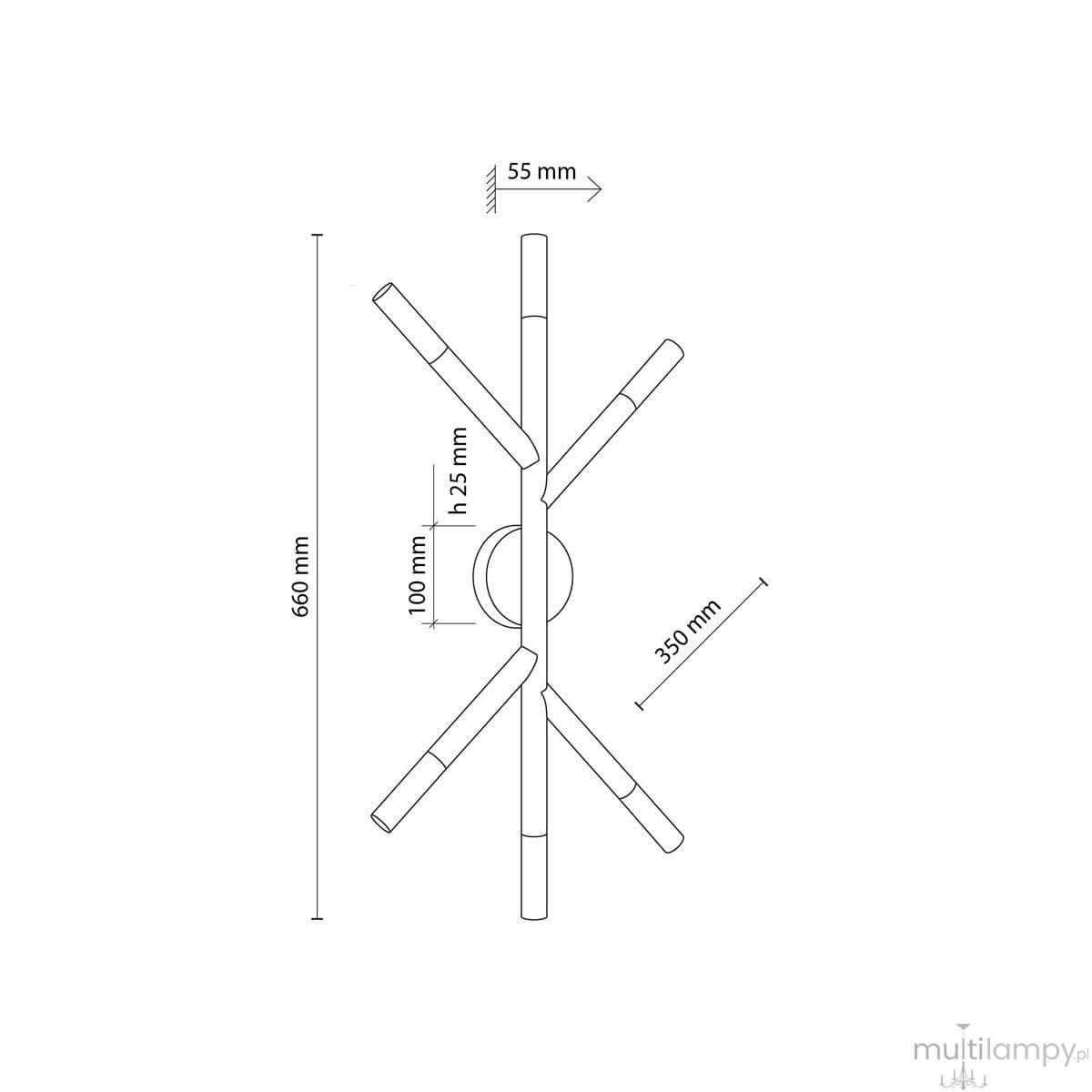 Lampa sufitowa Noble 6xG9 w jasnym drewnie, z ośmioma ramionami rozpostartymi w różnych kierunkach. Wymiary: 660 mm wysokości, 350 mm szerokości. Montaż sufitowy, minimalistyczny design, idealna do nowoczesnych wnętrz.