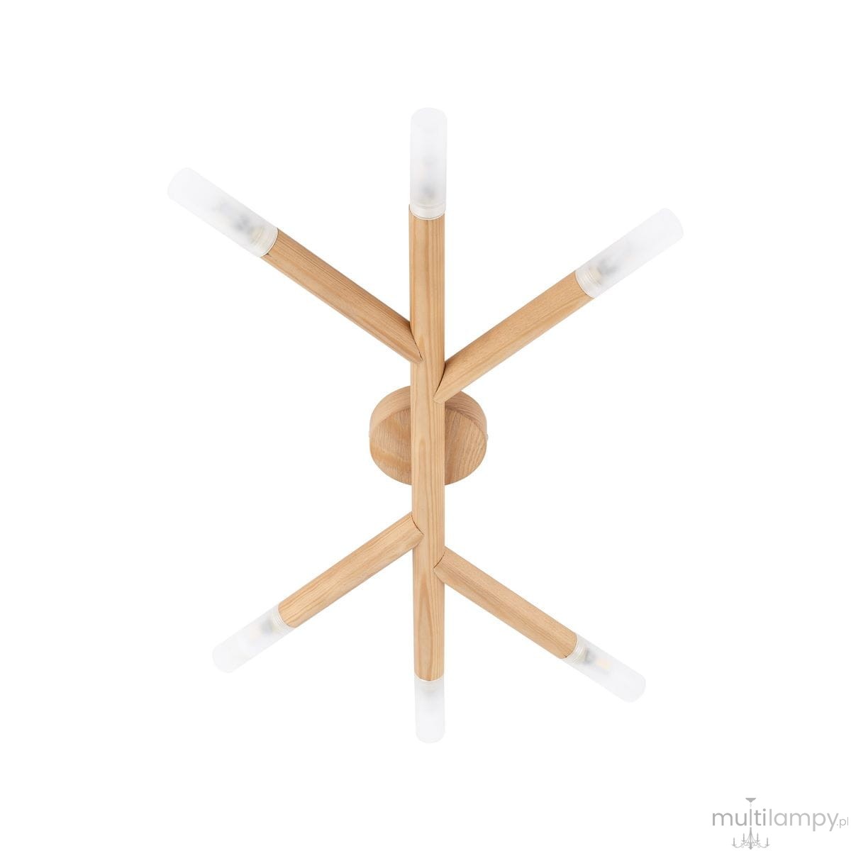 Lampa sufitowa Noble 6xG9 w jasnym drewnie, z sześcioma ramionami zakończonymi matowymi kloszami. Ujęcie z góry, ukazujące nowoczesny design i naturalny materiał. Montaż do sufitu, idealna do wnętrz minimalistycznych.