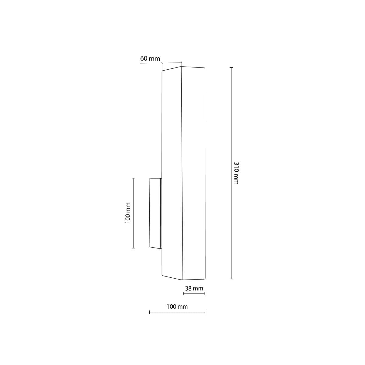 Kinkiet Teo w kolorze czarnym z jasnym drewnem, o wymiarach 310 mm wysokości, 100 mm szerokości i 60 mm głębokości. Posiada jedną diodę LED o mocy 3W. Ujęcie frontalne, prezentujące prostokątny kształt oraz zamocowanie na ścianie.