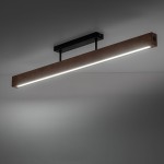 Lampa sufitowa Teo w kolorze czarnym z elementami ciemnego drewna. Prosta, prostokątna konstrukcja z LED o mocy 22W, zawieszona na dwóch czarnych przewodach. Oświetlenie w stylu nowoczesnym, montowane do sufitu, idealne do wnętrz.