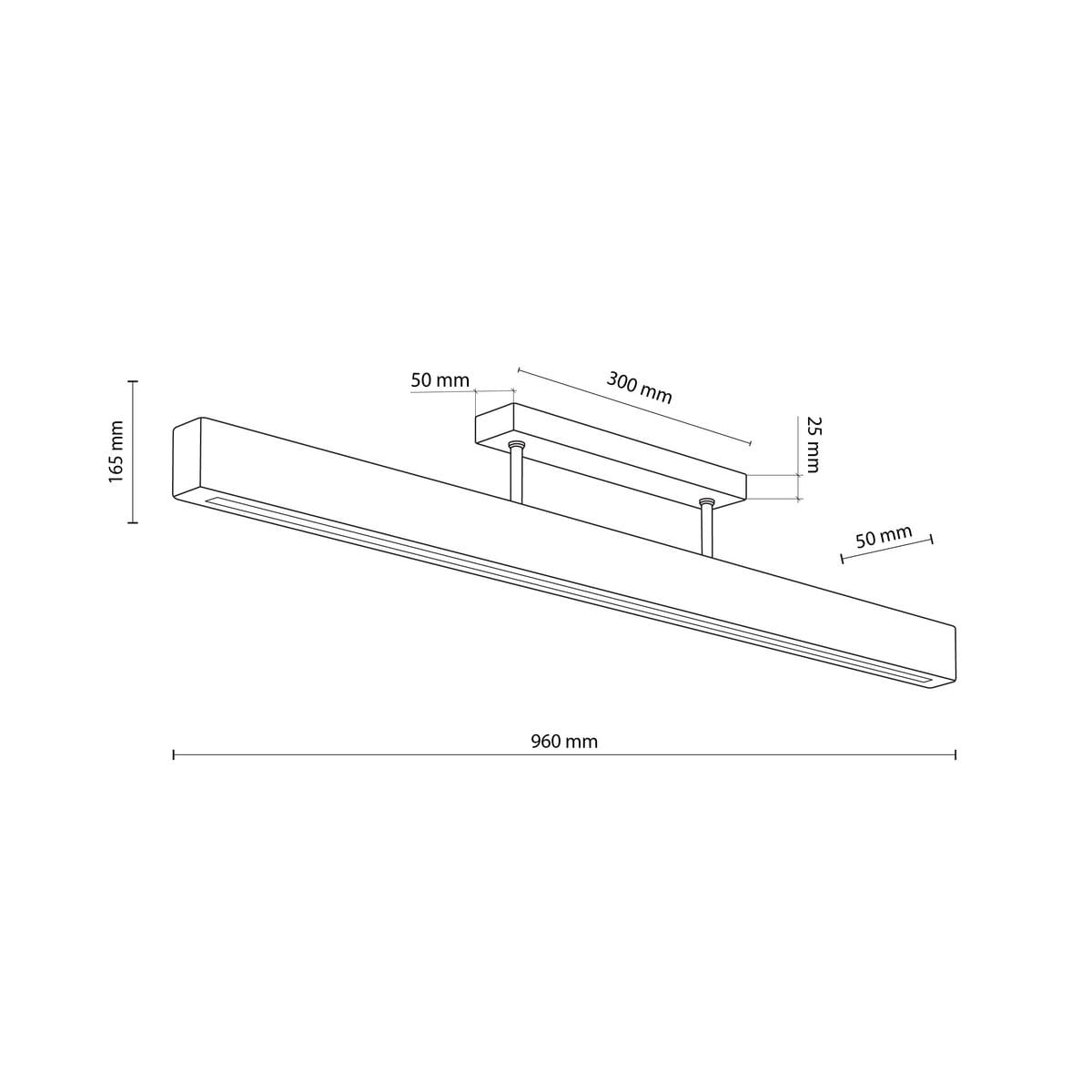 Lampa sufitowa Teo z jedną diodą LED o mocy 22W, w kolorze czarnym z jasnym drewnem. Prosta konstrukcja, wymiary: 960 mm długości, 165 mm wysokości, 50 mm szerokości. Montaż sufitowy, minimalistyczny design.