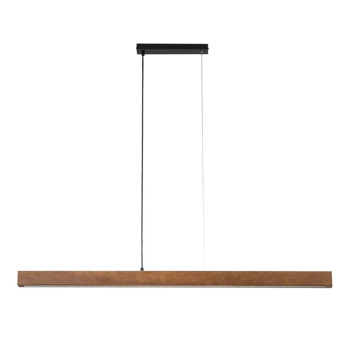Lampa wisząca Teo z 1xLED/13W, w czarnej metalowej obudowie, z drewnianym, ciemnym kloszem w formie długiego prostokąta. Zawieszona na cienkim przewodzie, zapewnia nowoczesne oświetlenie. Idealna do minimalistycznych wnętrz.
