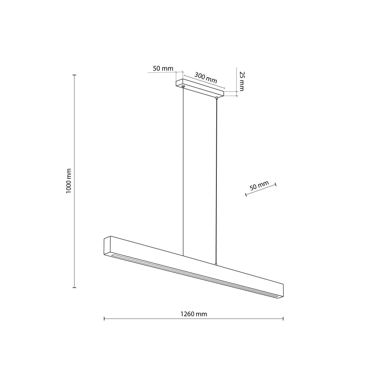 Lampa wisząca Teo z jedną żarówką LED o mocy 13W, w kolorze czarnym z elementami ciemnego drewna. Prosty, prostokątny kształt, zawieszona na cienkim przewodzie. Wymiary: długość 1260 mm, wysokość 1000 mm, szerokość 50 mm.