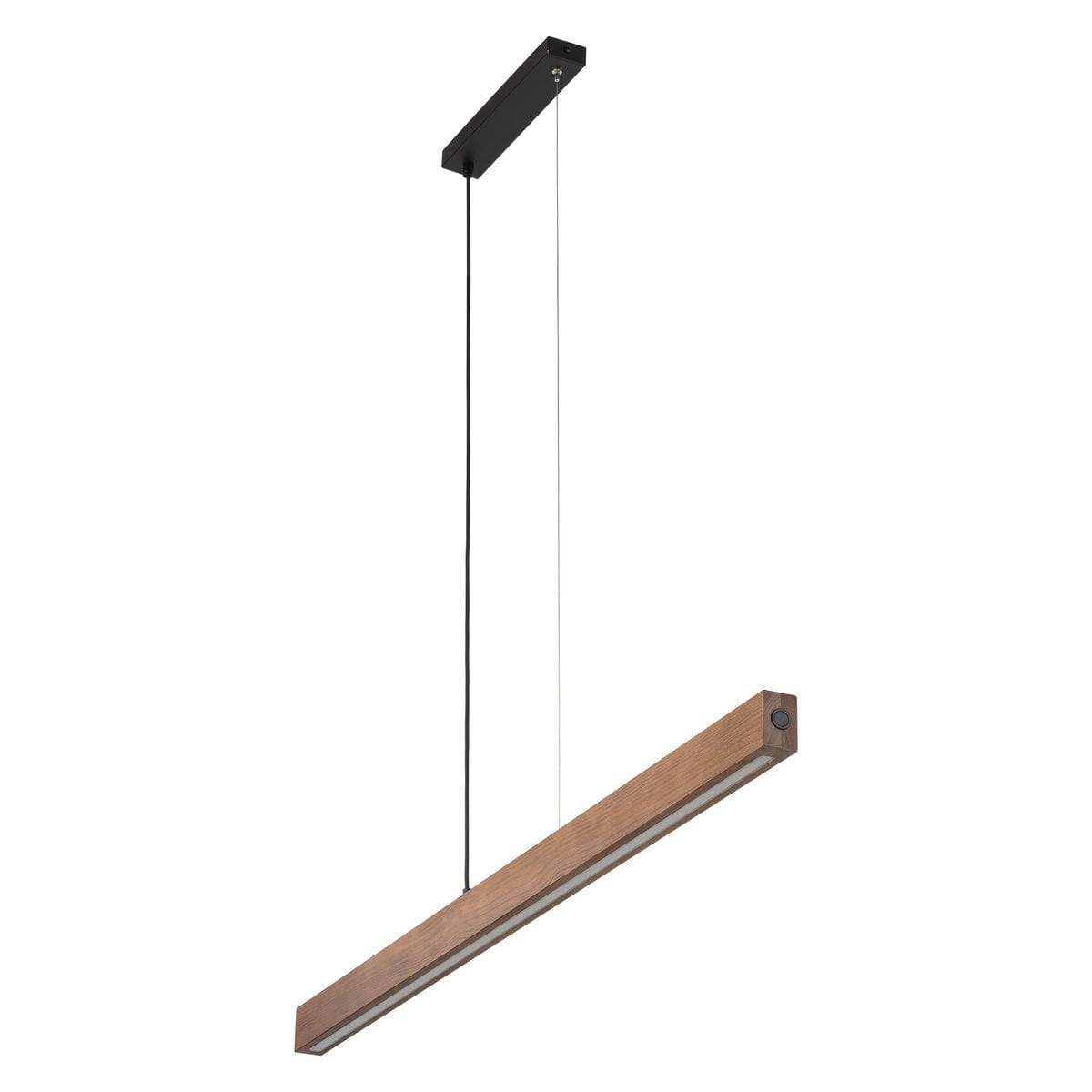 Lampa wisząca Teo w kolorze czarnym z ciemnym drewnem, z prostokątnym kloszem LED, zawieszona na cienkim przewodzie. Kąt ujęcia: z boku, ukazuje detal wykończenia i mocowanie. Idealna do nowoczesnych wnętrz.