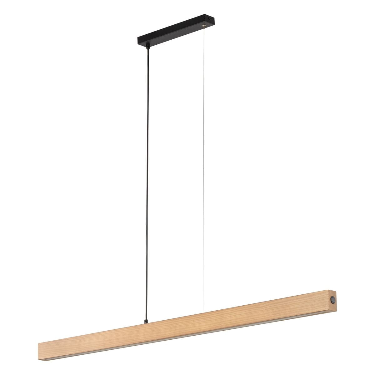 Lampa wisząca Teo z jedną żarówką LED 13W. Posiada prostokątną, czarną metalową podstawę oraz jasne drewniane wykończenie. Zawieszona na cienkich linkach, prezentuje nowoczesny styl. Idealna do minimalistycznych aranżacji.