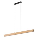 Lampa wisząca Teo z jedną żarówką LED 13W. Posiada prostokątną, czarną metalową podstawę oraz jasne drewniane wykończenie. Zawieszona na cienkich linkach, prezentuje nowoczesny styl. Idealna do minimalistycznych aranżacji.
