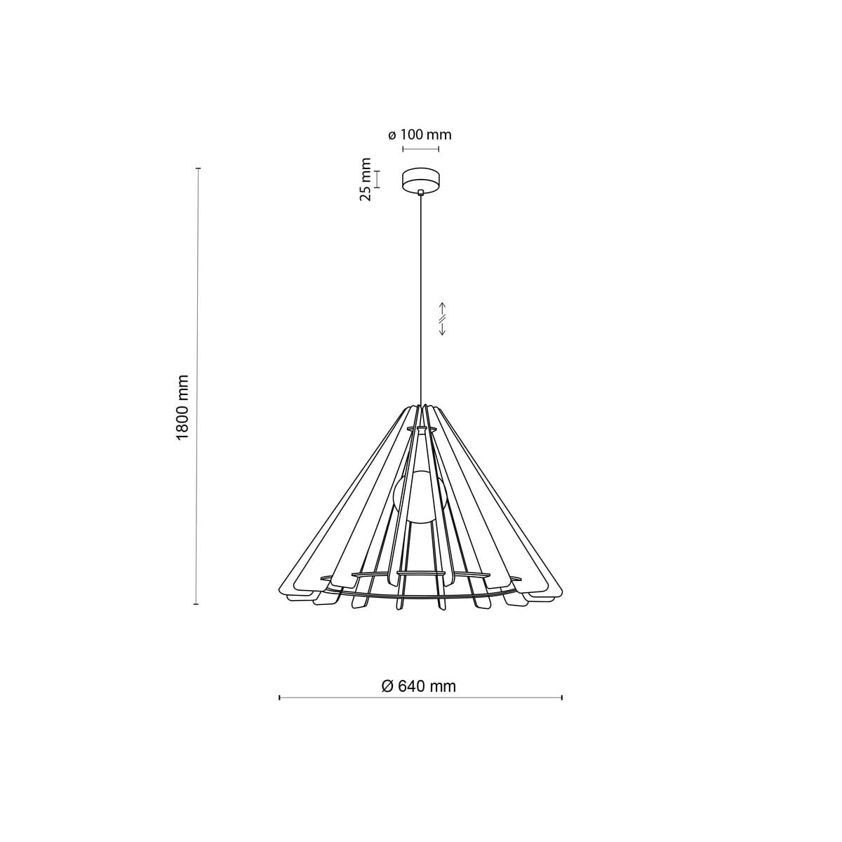 Czarna lampa wisząca Eris z jasnodrewnianymi akcentami, w kształcie stożka. Wymiary: wysokość 1800 mm, średnica 640 mm, górna część o średnicy 100 mm. Przeznaczona na żarówkę E27. Prosty design idealny do nowoczesnych wnętrz.